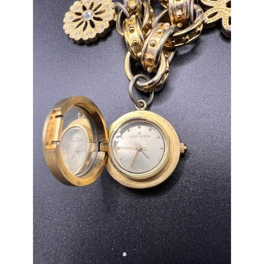 Vintage Anne Klein Gold-Tone Charm Bracelet Watch Locket – 100g Heavy Link - Picture 2 of 11